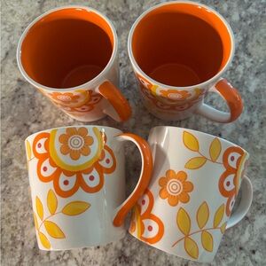 Crate & Barrel Floral Orange and Yellow Mugs of 4